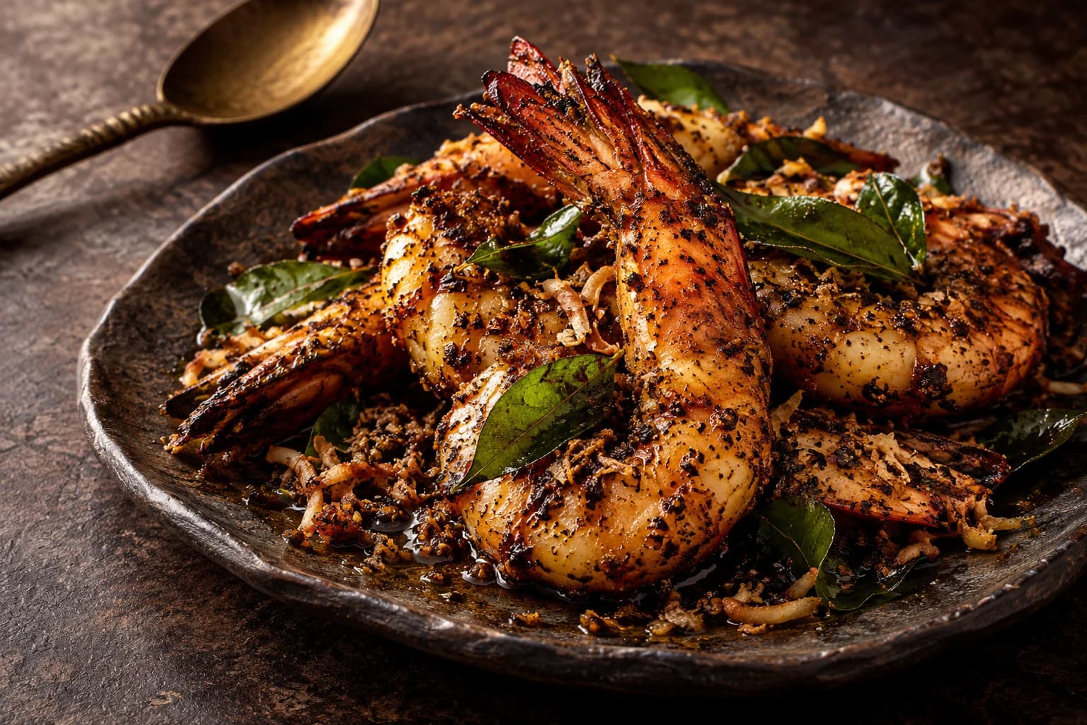 Concept dish of pepper-roasted prawns with crisp curry leaves and lime