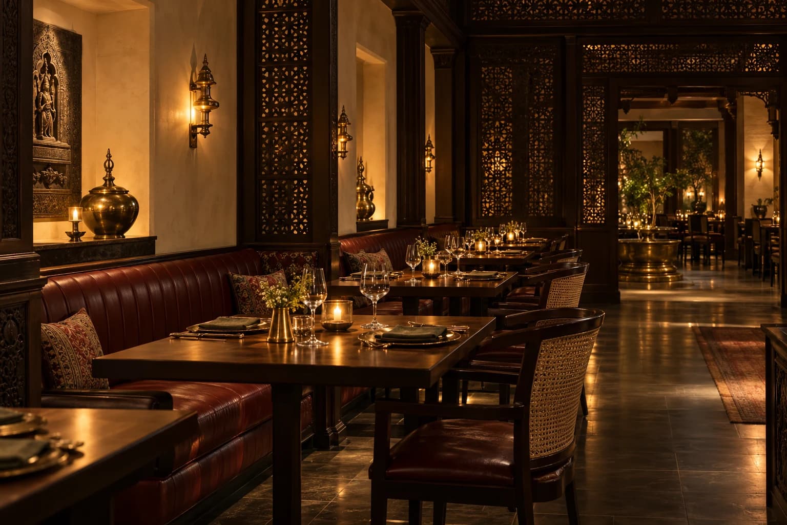Concept dining room with dark carved timber, oxblood banquettes and candlelit tables